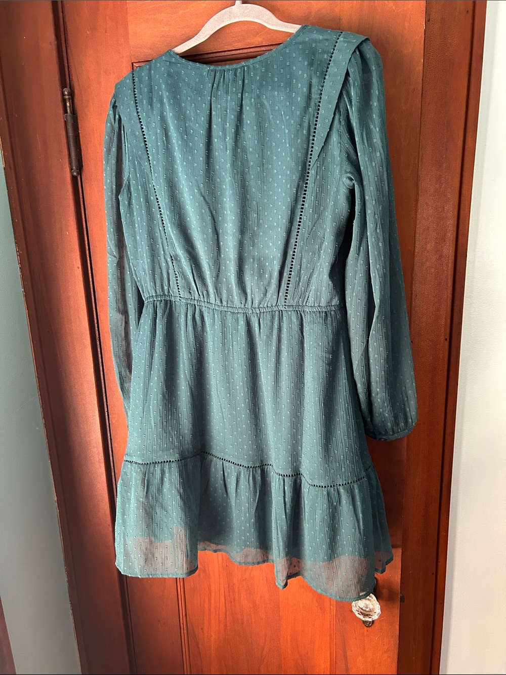 LOFT Green Dot-Textured Tiered Long Sleeve Dress - Picture 4 of 5